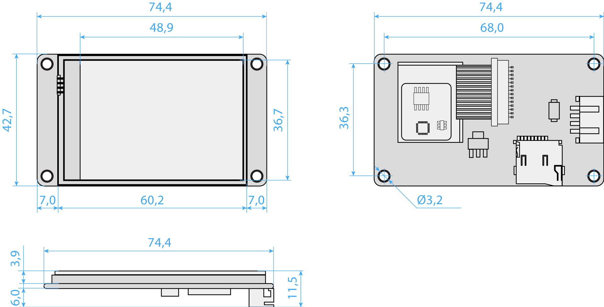 Display Nextion Discovery NX3224F024 Dimensions