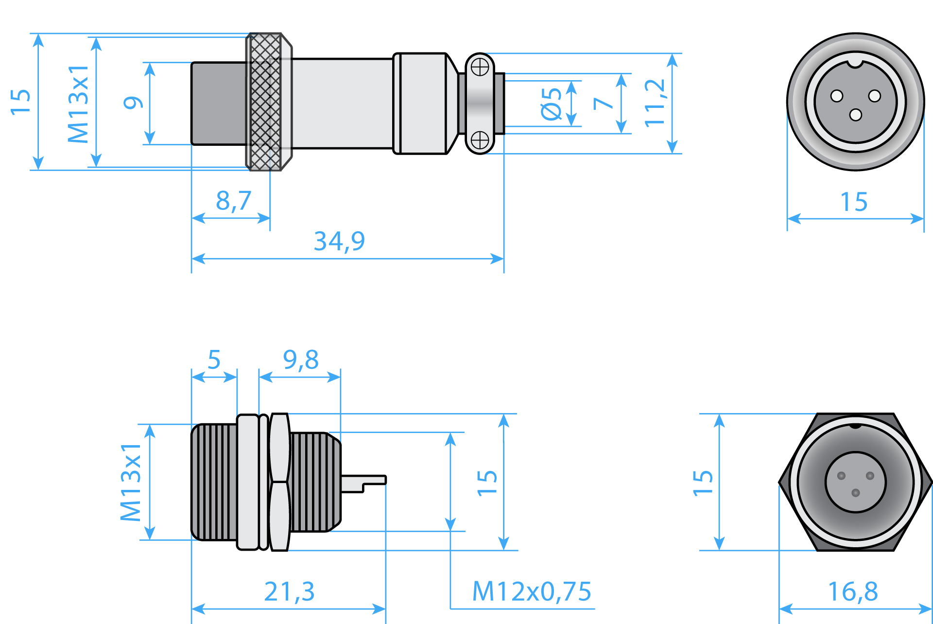 Connector GX12 3pin Dimensions