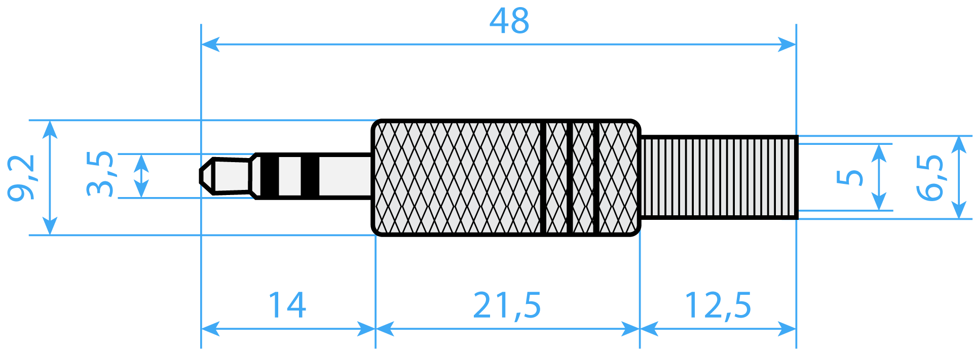 Connector Plug jack 3.5 mm TRS Metal Dimensions