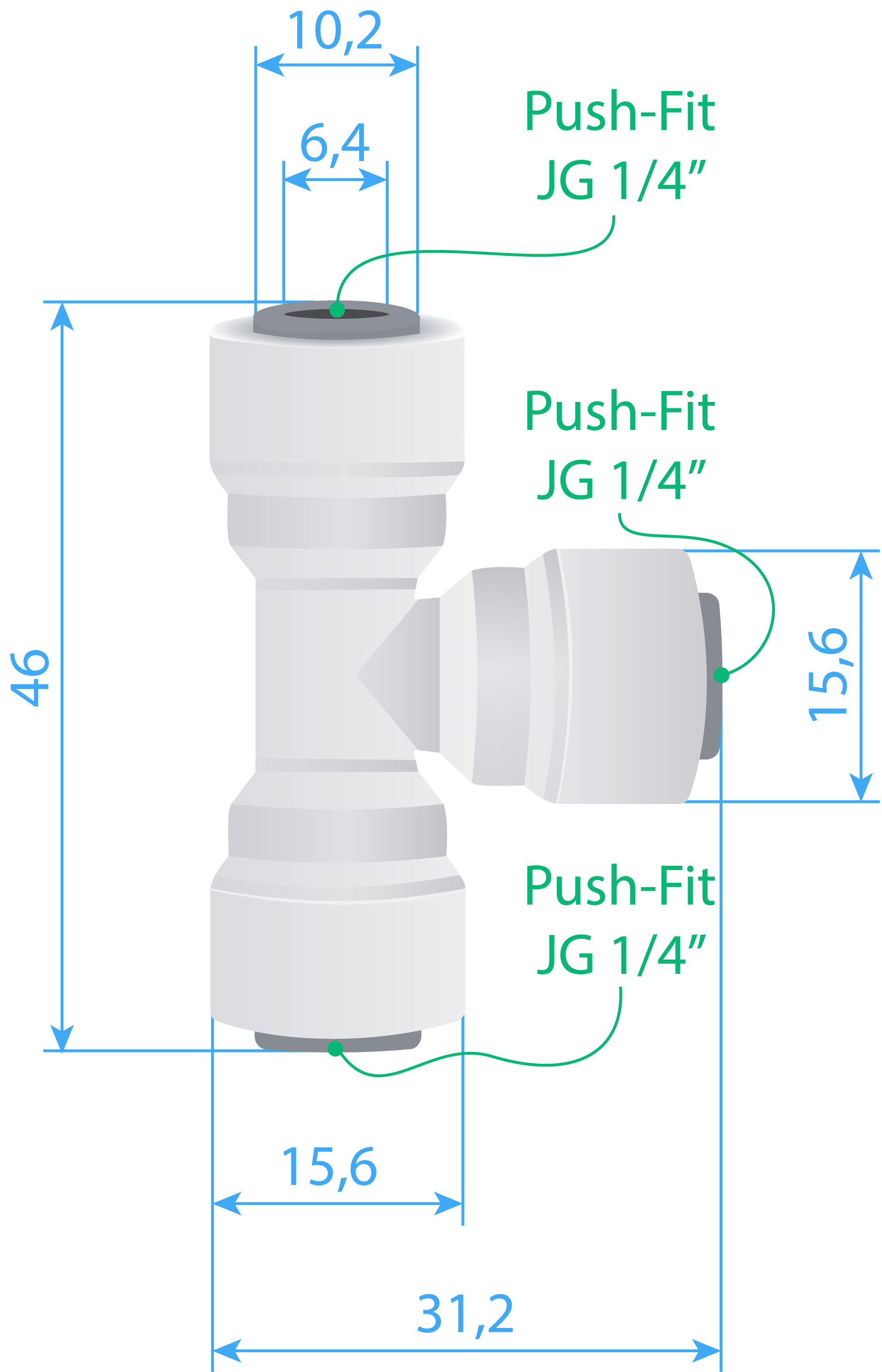 Connector Type-T (PF JG 1/4” – PF JG 1/4” – PF JG 1/4”) Dimensions