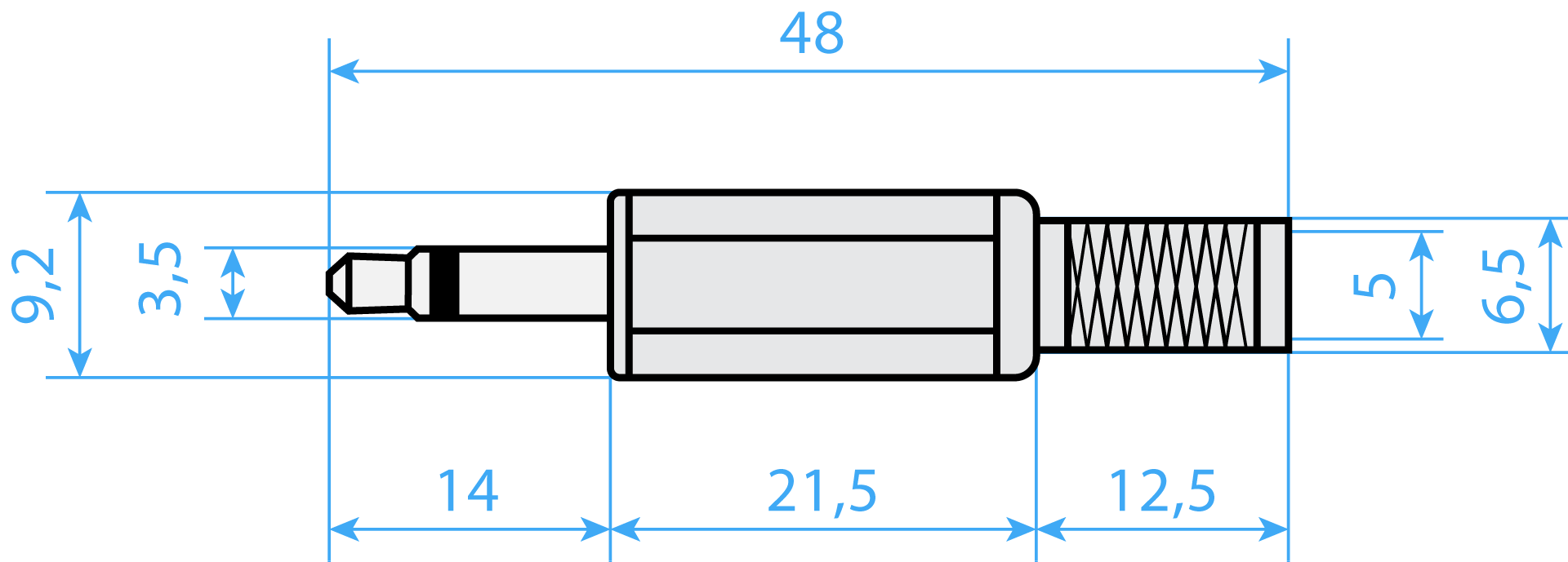 Connector Plug jack 3.5 mm TS Plastic Dimensions