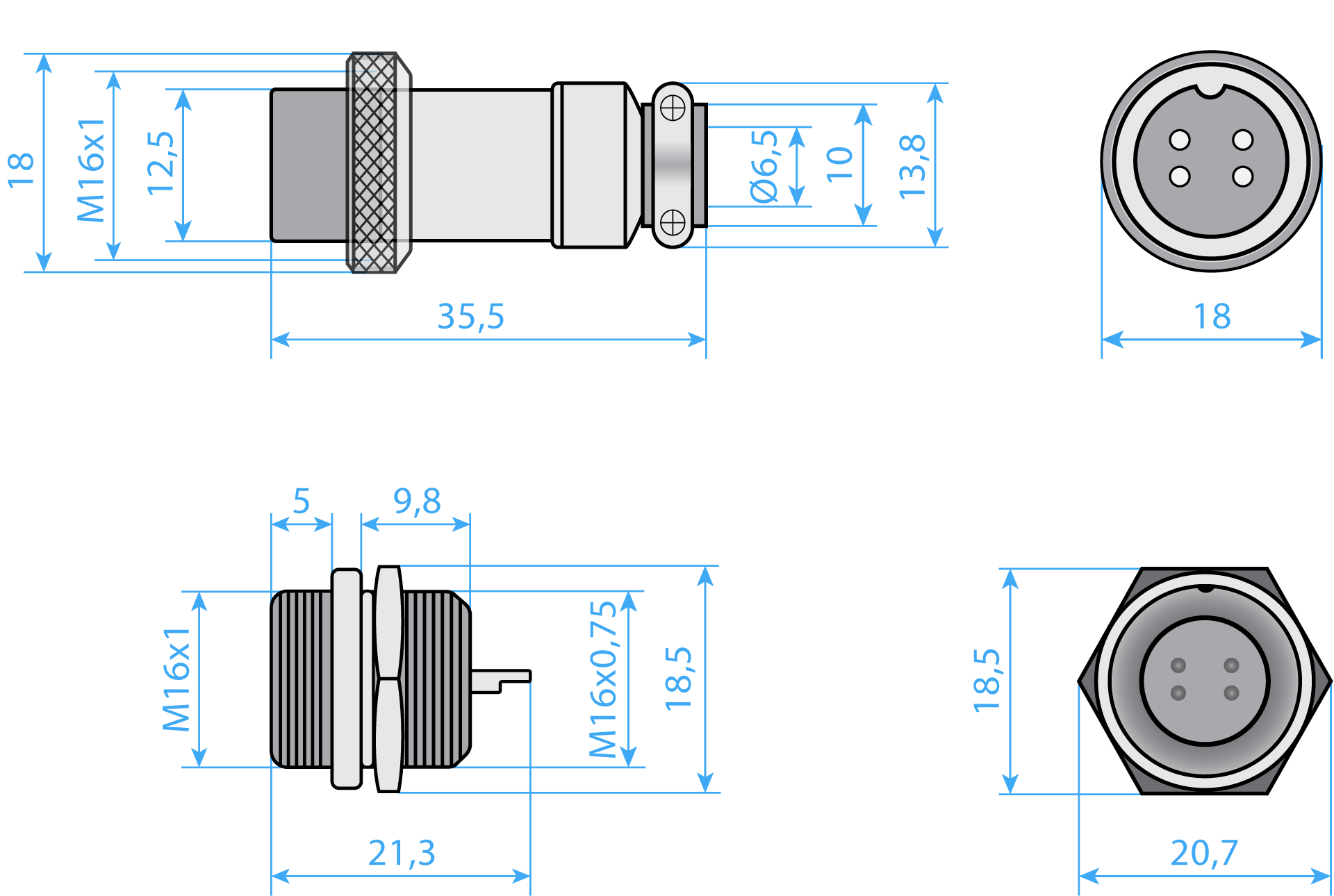 Connector GX16 4pin Dimensions