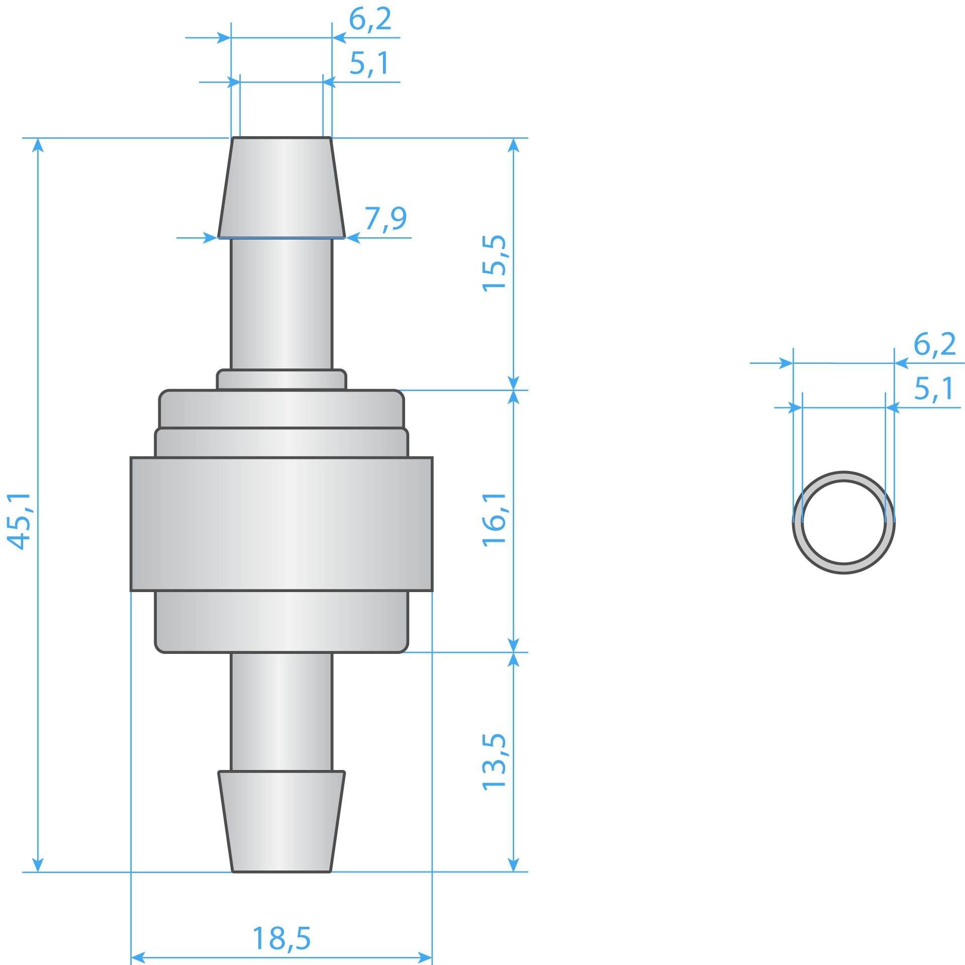 Connector Tube Type One Way 6mm Dimensions