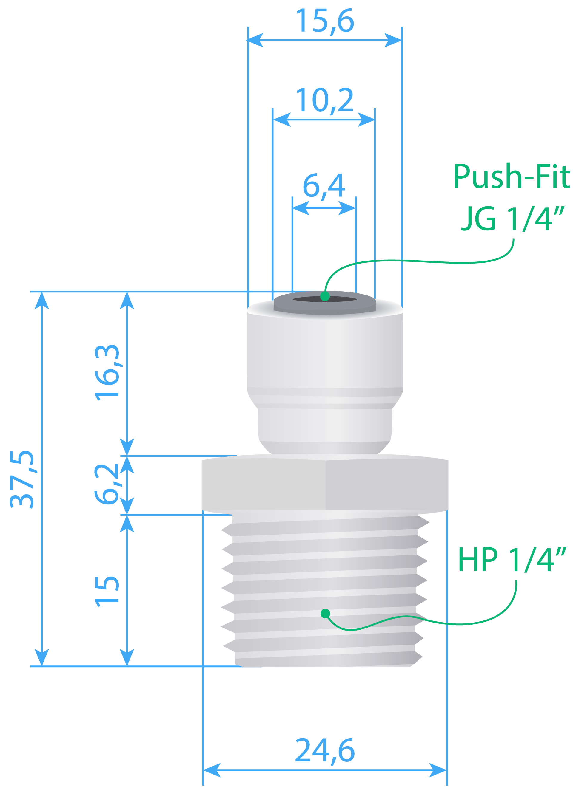 Connector Type-I (PF JG 1/4” – Thead Male 1/2”) Dimensions