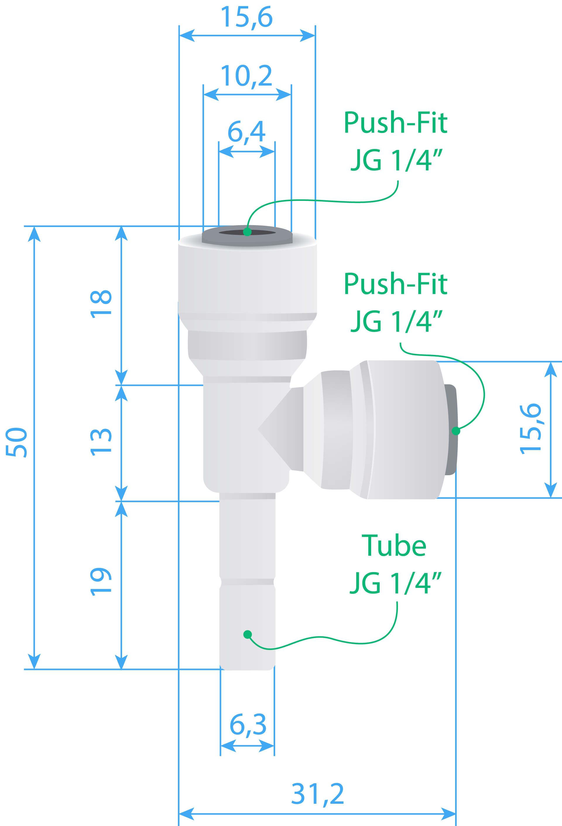 Connector Type-T (PF JG 1/4” – PF JG 1/4” – Tube 1/4”) Dimensions