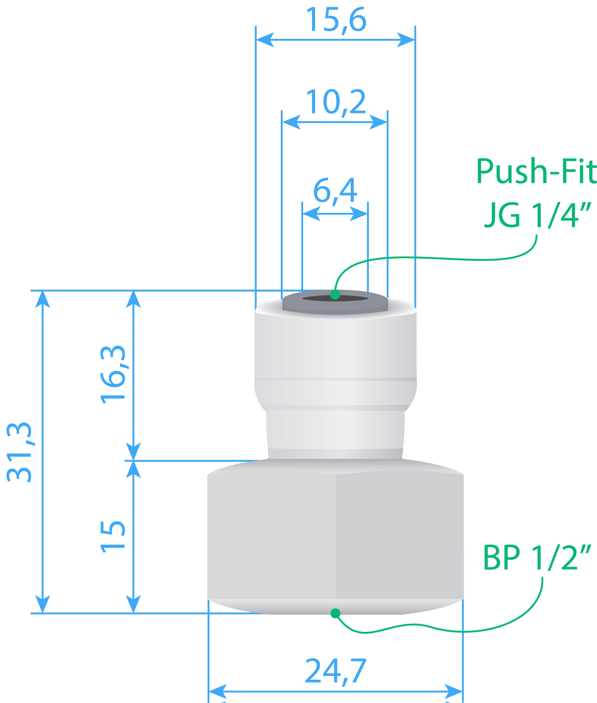Connector Type-I (PF JG 1/4” – Thead Female 1/2”) Dimensions